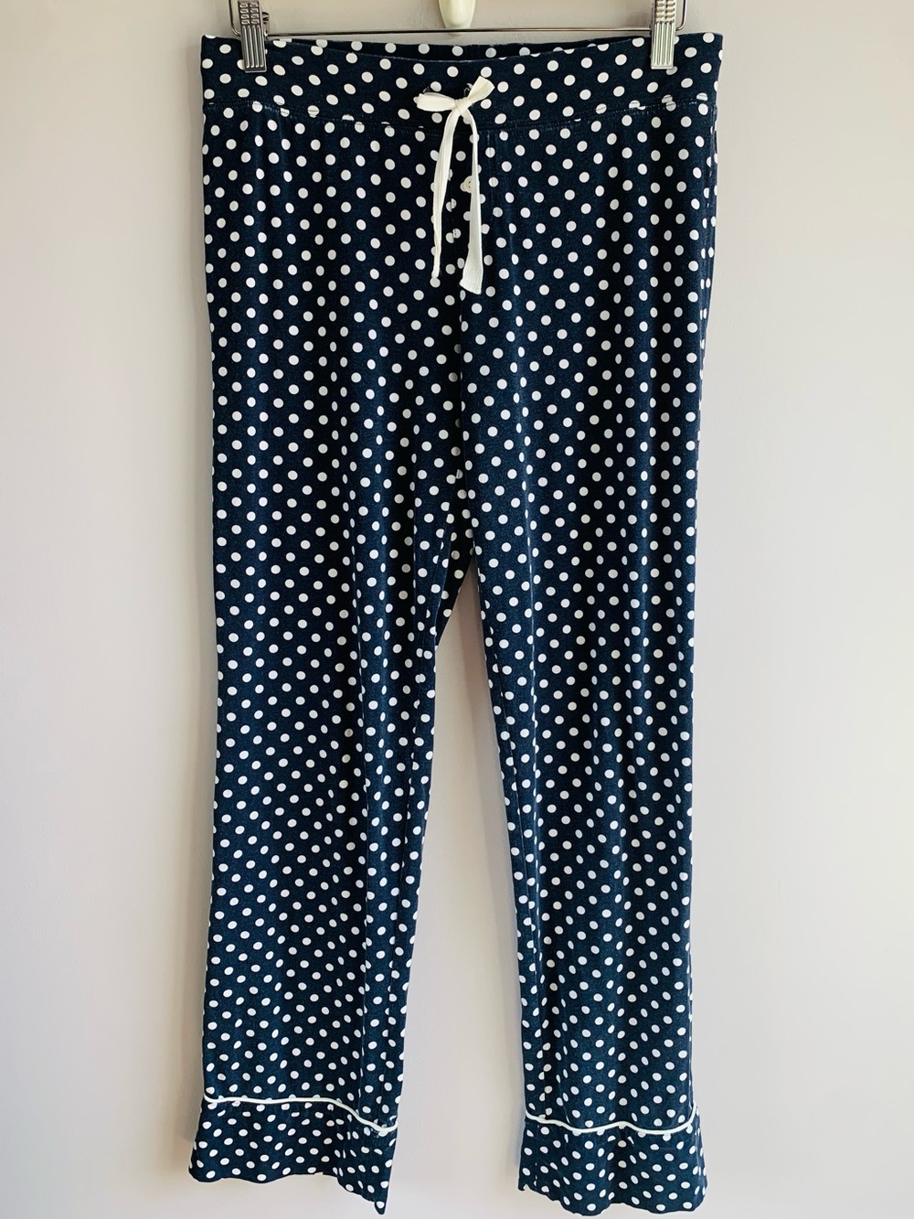 J. Crew Polka Dot Knit Pajama Pants Navy White Drawstring Cotton Comfy EUC XS